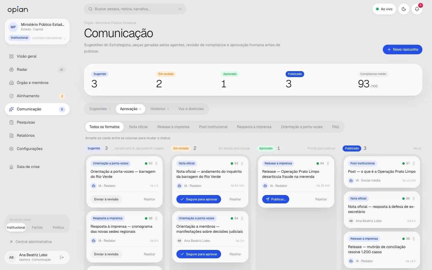 Tela de Comunicação com compliance no OPIAN