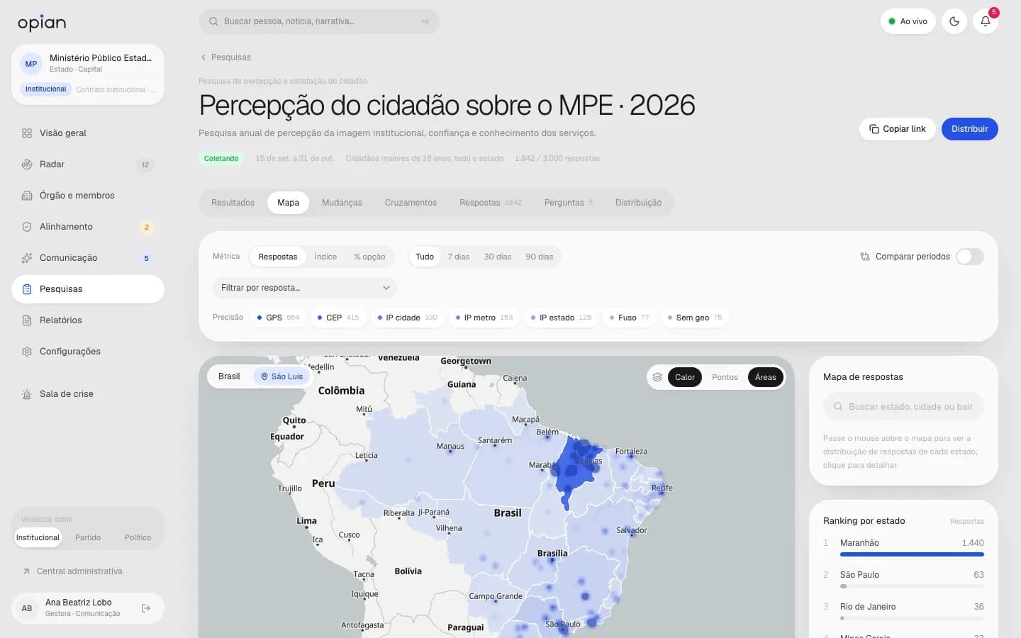 Tela de Pesquisas com mapa de calor no OPIAN